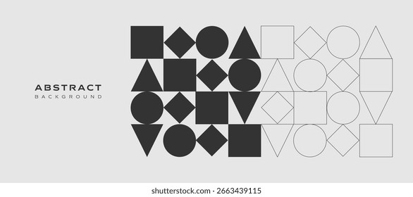 Plano de fundo geométrico abstrato com formas de contorno e preto em layout horizontal. Design vetorial moderno adequado para banners de site, capas e modelos de apresentação.