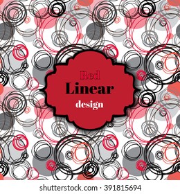 Abstract geometric background. Black, red, gray and white hand drawn intersecting outline circles background pattern texture. Vintage label with text place. Vector element of graphic design.