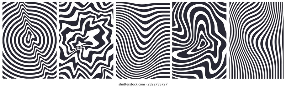 Abstract Geometric Background with Black and White Waves. Vector Pattern with Optical Illusion. Trippy Swirl Texture. Water Ripple and Swirl Bg