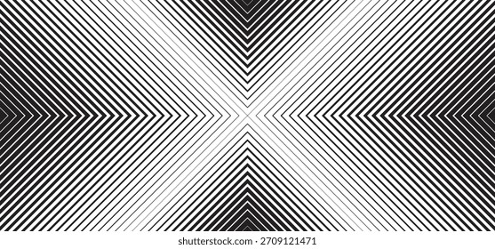 Abstrakter geometrischer Hintergrund mit schwarz-weißen diagonalen Linien. Vektorgrafik mit symmetrischem op-art-Effekt und Halbtongradient.