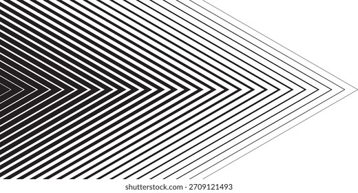 Abstract geometric background with black and white lines. Halftone corner element with optical illusion effect creating a dynamic arrow shape. Vector illustration.