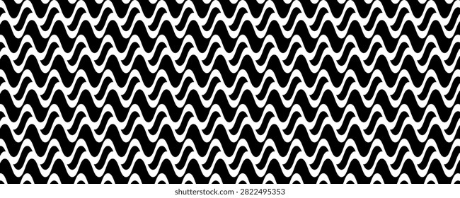 Abstract geometric background with black and white wavy, interlocking sine wave patterns. Minimalist monochrome textured Copacabana style overlay template for panoramic banners.