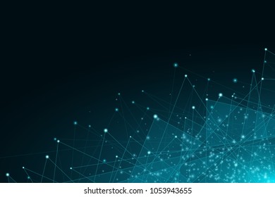 Abstract geometric background. Blue glowing connected triangles on a dark background. Plexus web. Flying glowing lights. Big data. Modern polygonal design. Vector illustration. EPS 10