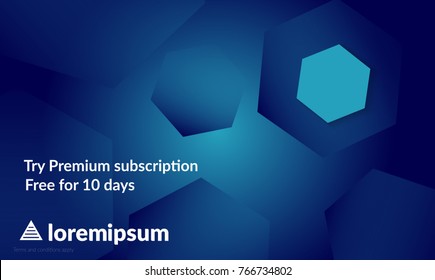 Abstract geometric background with blue gradient vanishing hexagons. Modern template for social media banner. Contemporary material design with realistic shadow over flat gradient background.