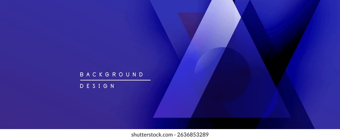 Abstract geometric background. Blue gradients create dynamic shapes, circles, triangles. Modern design elements suggest technology, innovation.