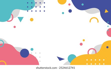 Abstract geometric background. Blue, green, pink and yellow abstract spots. Dotes and geometric figures. Place for text and presentations. Flat vector illustration isolated on white background