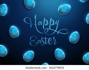 Abstract geometric background with blue low poly Easter eggs. Happy Easter card. Polygonal style design. Wireframe light connection structure. Modern 3d graphic concept. Isolated vector illustration.