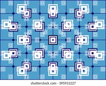 The abstract geometric background in blue and white