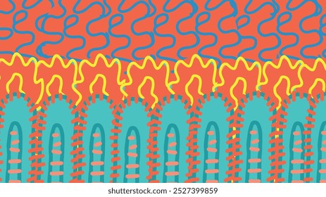 Abstract geometric background in bright Memphis style with wavy and fiery lines, vibrant patterns and shapes, creative textures. Playful design, retro aesthetics, colorful backdrop, modern art.