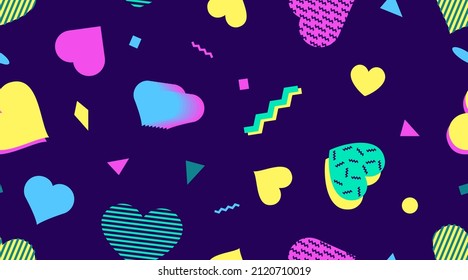 Abstrakter geometrischer Hintergrund heller Neonformen. Nahtlose Vektormuster der Herzen.