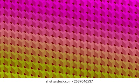 Abstract geometric background of bright pink orange yellow mosaic 3d square. Gradient color texture. Digital beauty template. Optical illusion. Tech card. Glitch Art trippy digital screen. Wallpaper.