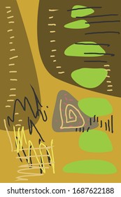 Abstract geometric background with brush strokes . Vector texture with hand drawn elements on mustard-yellow background. Good for posters, textures, brochures, etc.