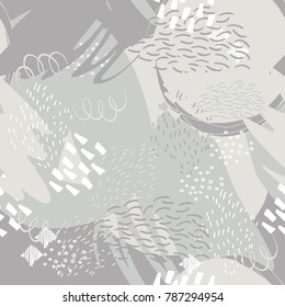 Abstract geometric background with brush strokes in Memphis style. Vector black and white seamless pattern with hand drawn elements. Monochrome colors.