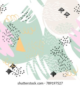Abstract geometric background with brush strokes in Memphis style. Vector seamless pattern with hand drawn elements. Light pastel colors.