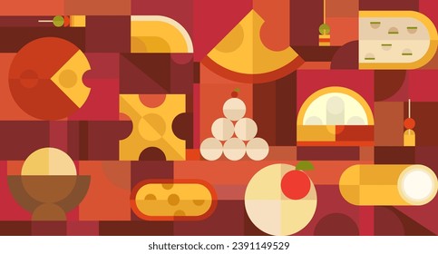 Abstract geometric background with cheese in modern art retro style. Cartoon food delicious milk product. Bright vector illustration for banner, cover, card.