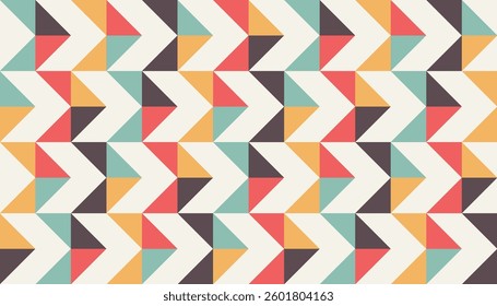 Abstract geometric background, chevron arrows, triangle geometry shapes in random order and colors, seamless vector geo bg pattern, simple flat style shapes