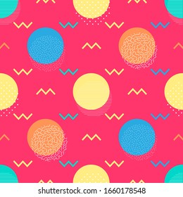 Abstract geometric background with  circles, dots, lines. Memphis style on pink background. Bright and colorful, 90s style. Vector seamless pattern. 