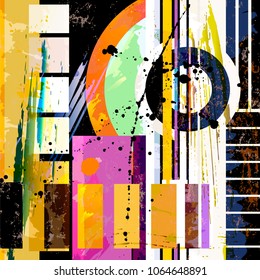 abstract geometric background, with circles, squares, paint strokes and splashes