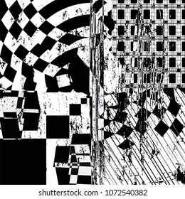 abstract geometric background, with circles, squares, paint strokes and splashes, black and white