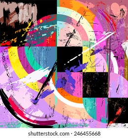 abstract geometric background, with circles, squares, paint strokes and splashes