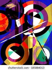 abstract geometric background, with circles, triangles, paint strokes and splashes