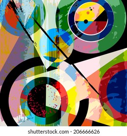 abstract geometric background, with circles, triangles, paint strokes and splashes