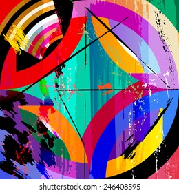 abstract geometric background, with circles, triangles, paint strokes and splashes