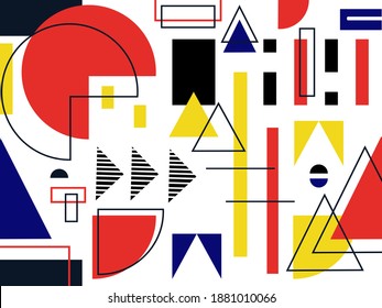 Abstrakter geometrischer Hintergrund. Klassische Farben im Bauhausstil. Zum Drucken auf Stoff, Papier, Plakate, Deckel, Kunstobjekte.
Vektorgrafik.