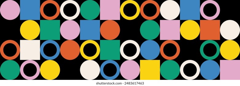 Abstract geometric background. Color circles and squares on black background. Vector illustration