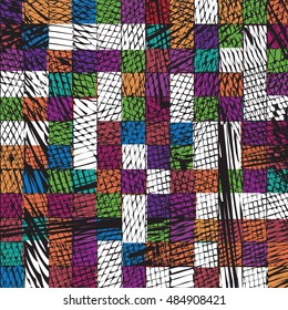 Abstract geometric background with colored cells and irregular hatching.