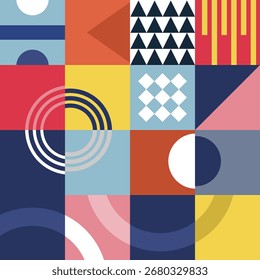 Abstract geometric background with colorful blocks, circles, triangles, and bold lines. A modern flat design perfect for posters, covers, wallpapers, and contemporary creative projects