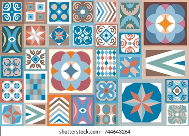 Abstract geometric background. Colorful composition with floral and geometrical ornaments. Trendy design for ceramic tiles, carpets, scarfs and tablecloth. Blue, green, terracotta palette.