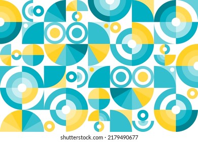 Abstract geometric background, colorful flat design of mosaic pattern with the simple shape of circles and semi-circle. Mural design. Neo geometric. Vector Illustration.