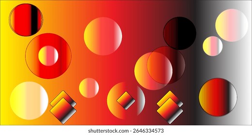 Abstract geometric background with colorful gradient circles and diamond shapes on a vibrant red, yellow, and black backdrop.