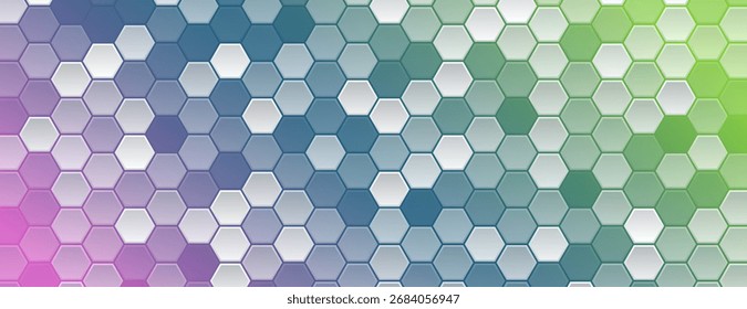 Fundo geométrico abstrato com padrão hexagonal colorido em tons de gradiente de roxo, azul e verde, simbolizando a tecnologia moderna, estrutura e inovação. Para banner médico.