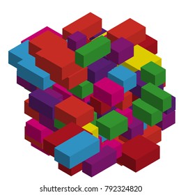 Abstract geometric background with colorful isometric rectangles and bricks. Three-dimensional, 3D vector illustration. Purple, violet color.