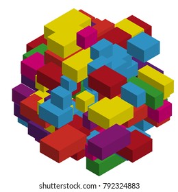 Abstract geometric background with colorful isometric rectangles and bricks. Three-dimensional, 3D vector illustration. Purple, violet color.