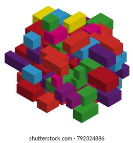Abstract geometric background with colorful isometric rectangles and bricks. Three-dimensional, 3D vector illustration. Purple, violet color.