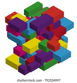 Abstract geometric background with colorful isometric rectangles and bricks. Three-dimensional, 3D vector illustration. Purple, violet color.