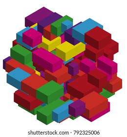 Abstract geometric background with colorful isometric rectangles and bricks. Three-dimensional, 3D vector illustration. Purple, violet color.