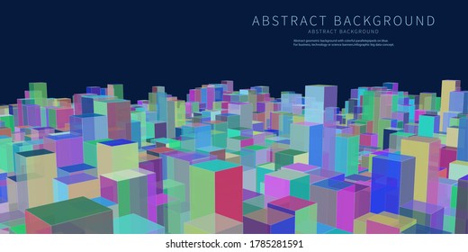 Abstract geometric background with colorful parallelepipeds on blue. For business, technology or science banners. Infographic big data concept.