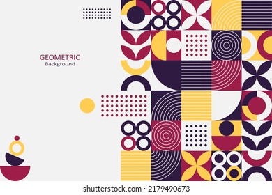 Abstract geometric background, colorful template flat design of mosaic pattern with the simple shape of circles, semi-circle, dots, and lines. Mural design. Neo geometric. Vector Illustration.