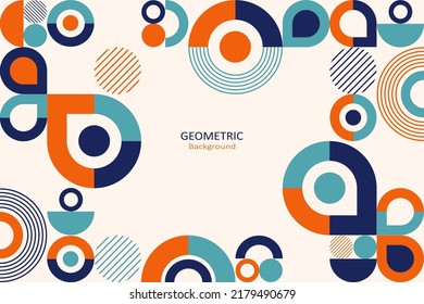 Abstract geometric background, colorful template flat design with the simple shape of circles, semi-circle, and lines. Mural design. Neo geometric. Vector Illustration.