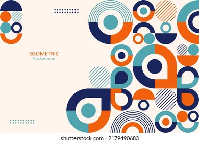 Resumen de fondo geométrico, plantilla colorida de diseño plano de mosaico con la forma simple de círculos, semicírculo y líneas. Diseño mural. Neogeométrico. Ilustración vectorial.