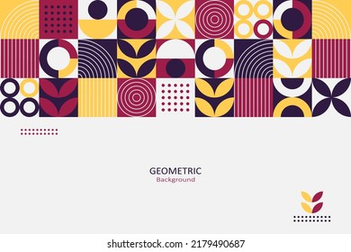 Abstract geometric background, colorful template flat design of mosaic pattern with the simple shape of circles, semi-circle, dots, and lines. Mural design. Neo geometric. Vector Illustration.