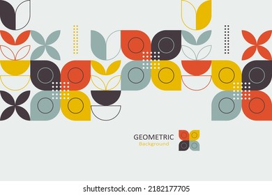 Abstract geometric background, colorful template flat design of mosaic pattern with the simple shape of circles, semi-circles, dots, and lines. Landing page design, Vector Illustration.