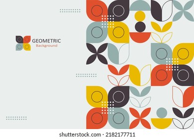 Abstract Geometric Background, Colorful Template Flat Design Of Mosaic Pattern With The Simple Shape Of Circles, Semi-circles, Dots, And Lines. Landing Page Design, Vector Illustration.