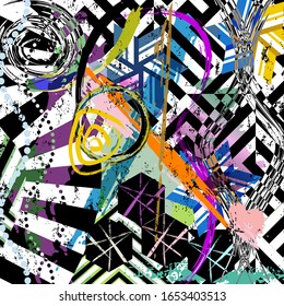 abstract geometric background composition, with circles, stripes, strokes and splashes, black and white