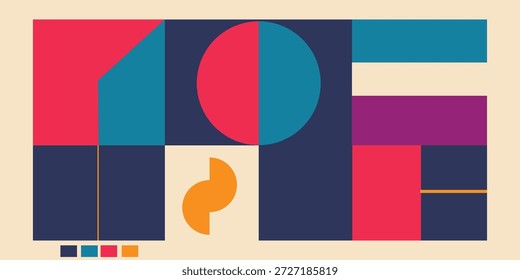 Composición geométrica Abstractas del fondo con los bloques y las Formas coloridas del estilo de Bauhaus, Ilustración vectorial retro que presenta los cuadrados planos del color y la composición de los círculos
