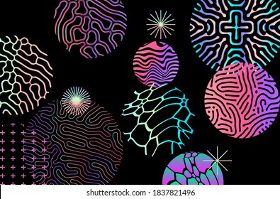 Abstract geometric background with composition of holographic circles, shapes with futuristic ornament.
